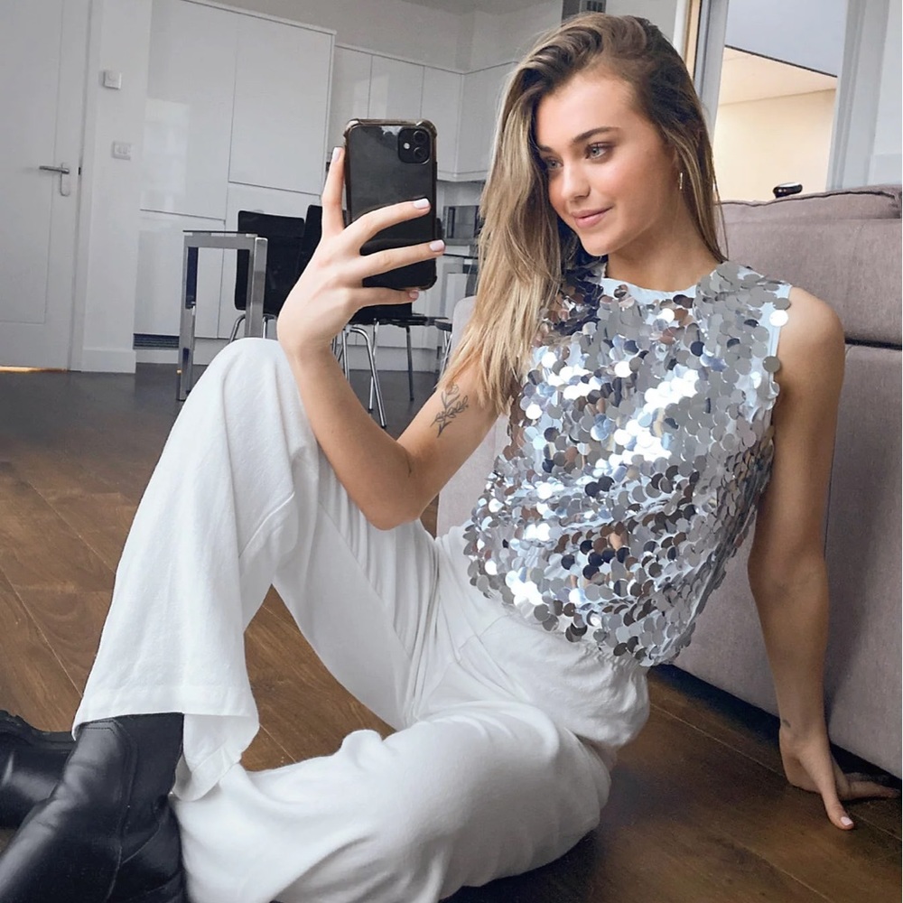 Never Fully Dressed high neck sequin disc top in silver